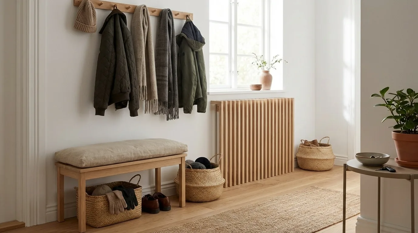 Garderobe mit Heizungsverkleidung aus Eiche
