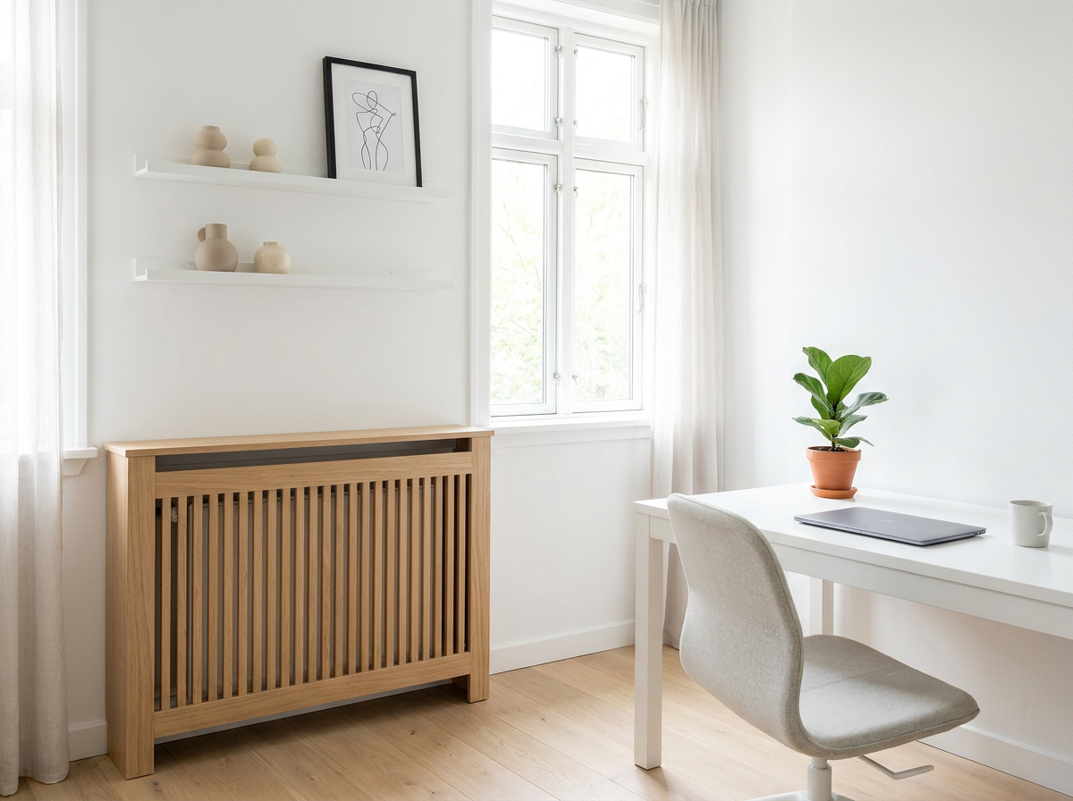 Helles Home Office mit Heizungsverkleidung