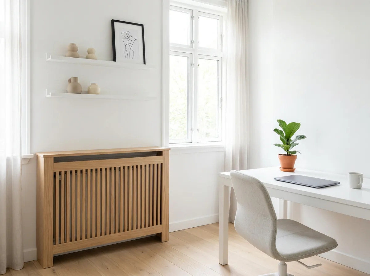 Helles Home Office mit Heizungsverkleidung