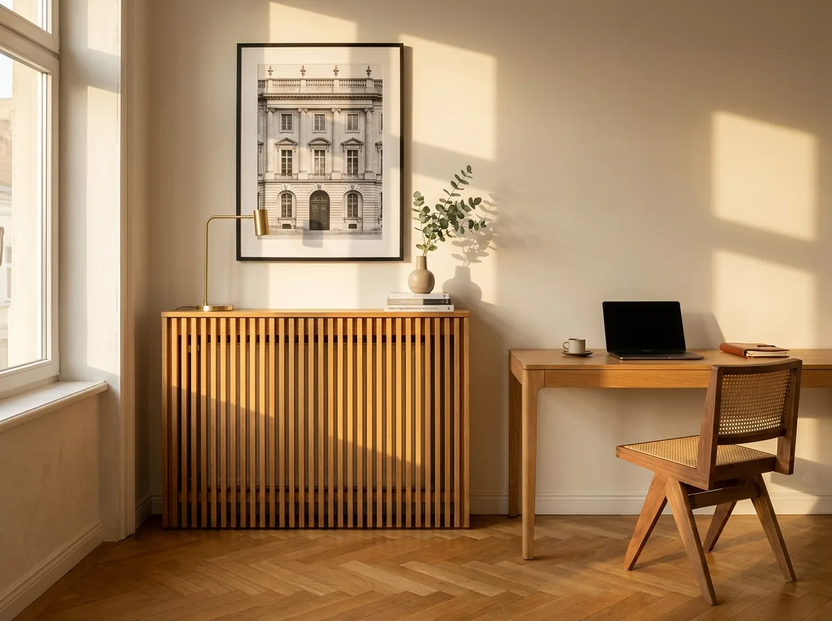 Home Office mit massiver Heizungsverkleidung aus Eichenholz