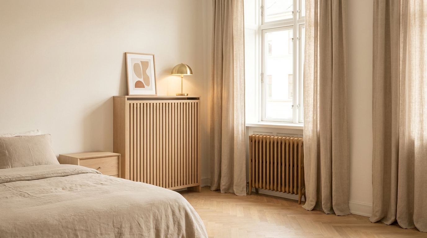Modernes Schlafzimmer mit Eichenholz-Heizkörperverkleidung