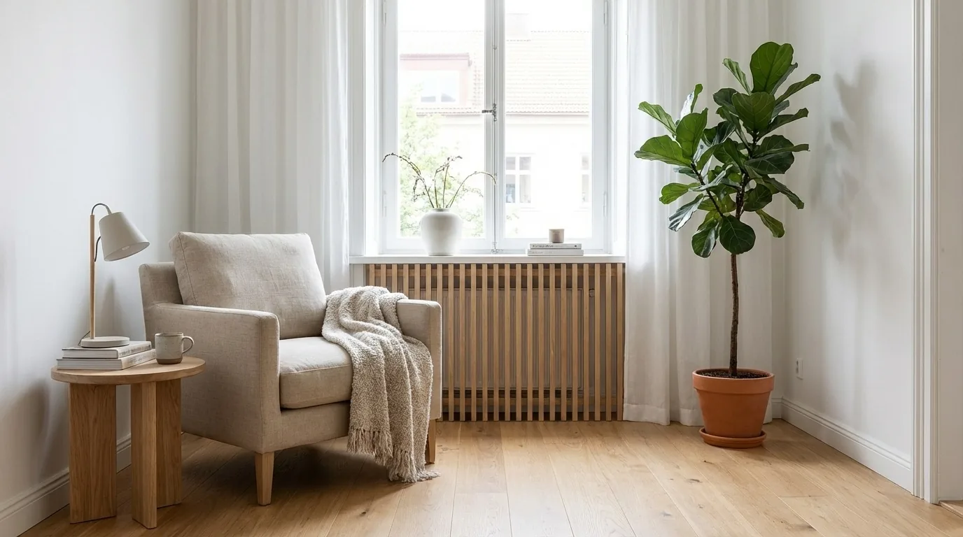 Altbau-Wohnzimmer mit verkleideten Heizungsrohren neben einer Heizkörperverkleidung aus Eiche